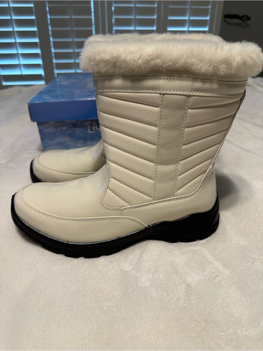 easy street Cream Faux-Fur Winter Rain Boots with Black Sole